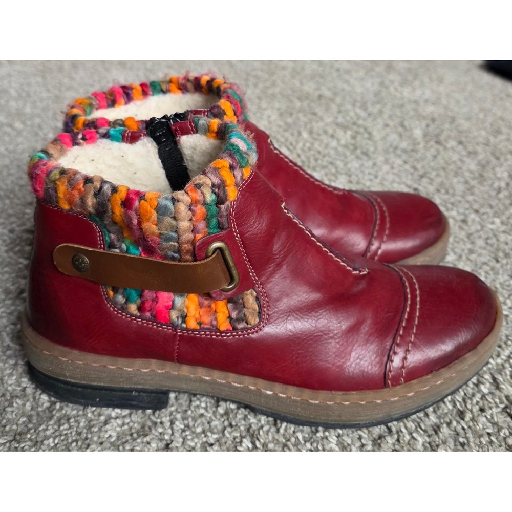 Rieker Antistress Womens Red Leather Knit Collar Ankle Boots Size 40 Boho Fleece
